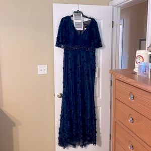 MacDuggal, navy flower beaded gown. New with tags.